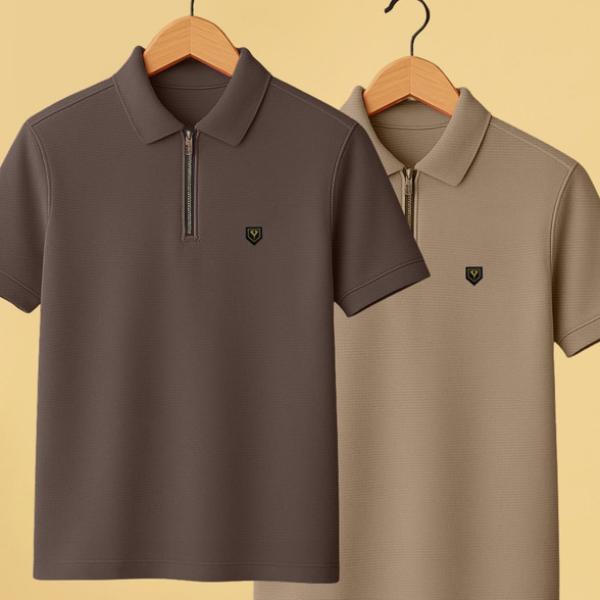 Yazole Pack of 2 Men Solid Polo Neck Polycotton Brown, Beige T-Shirt