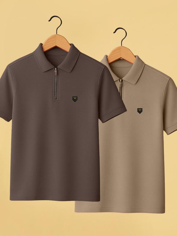 Yazole Pack of 2 Men Solid Polo Neck Polycotton Brown, Beige T-Shirt