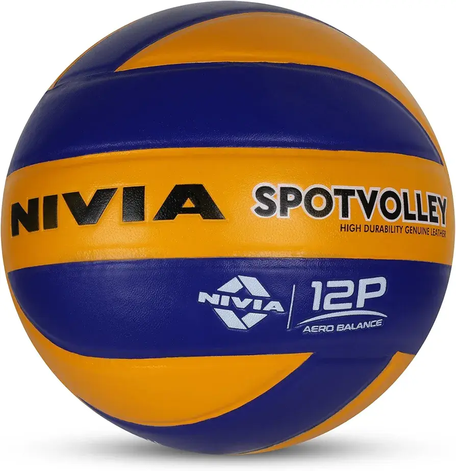 Nivia Spotvolley Volleyball, Match Ball, 12 Panels, Genuine Leather Pasted, Butyl Threadwounded Bladder, As Per VFI Standard, to Play on All Indoor & Outdoor Surfaces (Size - 4, Yellow/Blue)