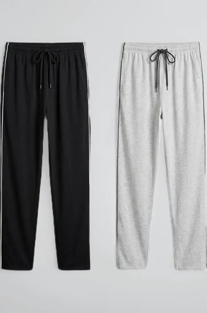 Men's Pyjama Bottoms with Side Stripe, Black and Grey, Cotton Blend, Elastic Waistband with Drawstring, Relaxed Fit, 2 Pack
