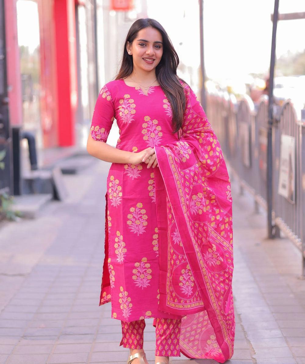 HomeFuchsia Bloom Cotton 3 Piece Set with Pockets for Women