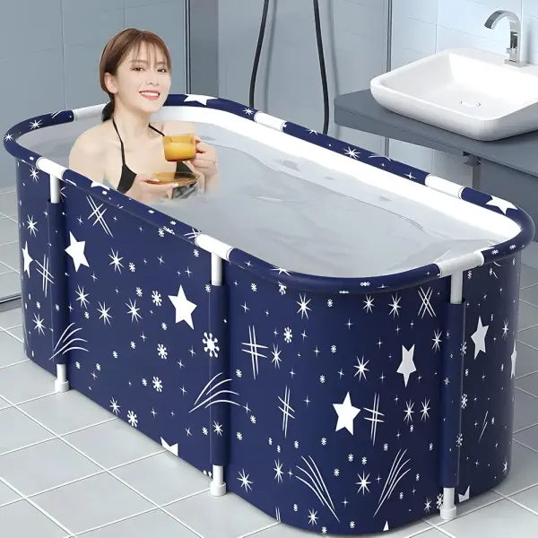 PANCA Portable Bath Tub for Adults | Foldable SPA Bathtub with Drainage Hole, Thick Insulated Design for Hot & Cold Water (Blue Star Rectangular)