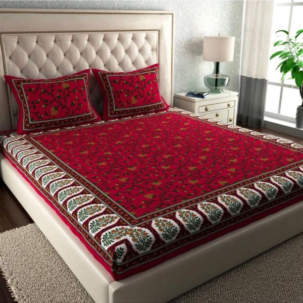 AARAMYA Cotton Double Flat 144 TC Jaipuri Prints 1 Bedsheet (Red)