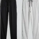 Men's Pyjama Bottoms with Side Stripe, Black and Grey, Cotton Blend, Elastic Waistband with Drawstring, Relaxed Fit, 2 Pack