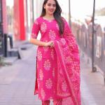 HomeFuchsia Bloom Cotton 3 Piece Set with Pockets for Women